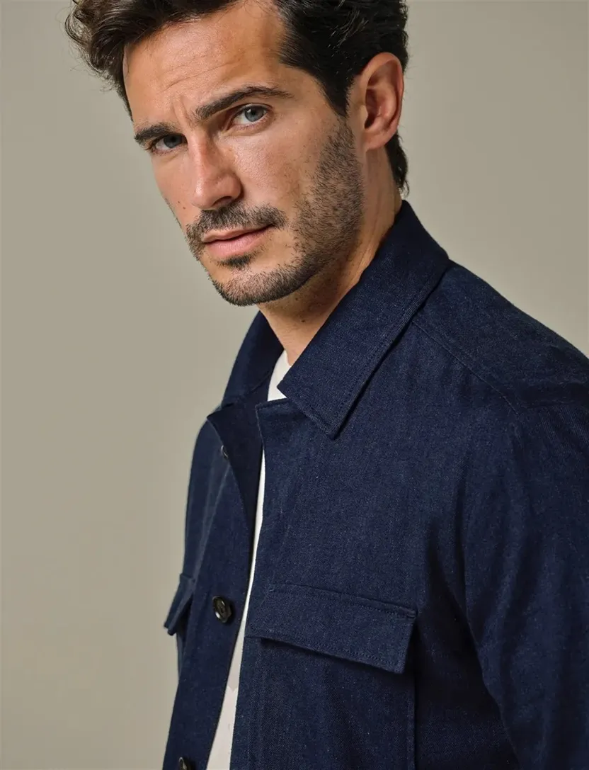 blauw Profuomo casual linnen overshirt