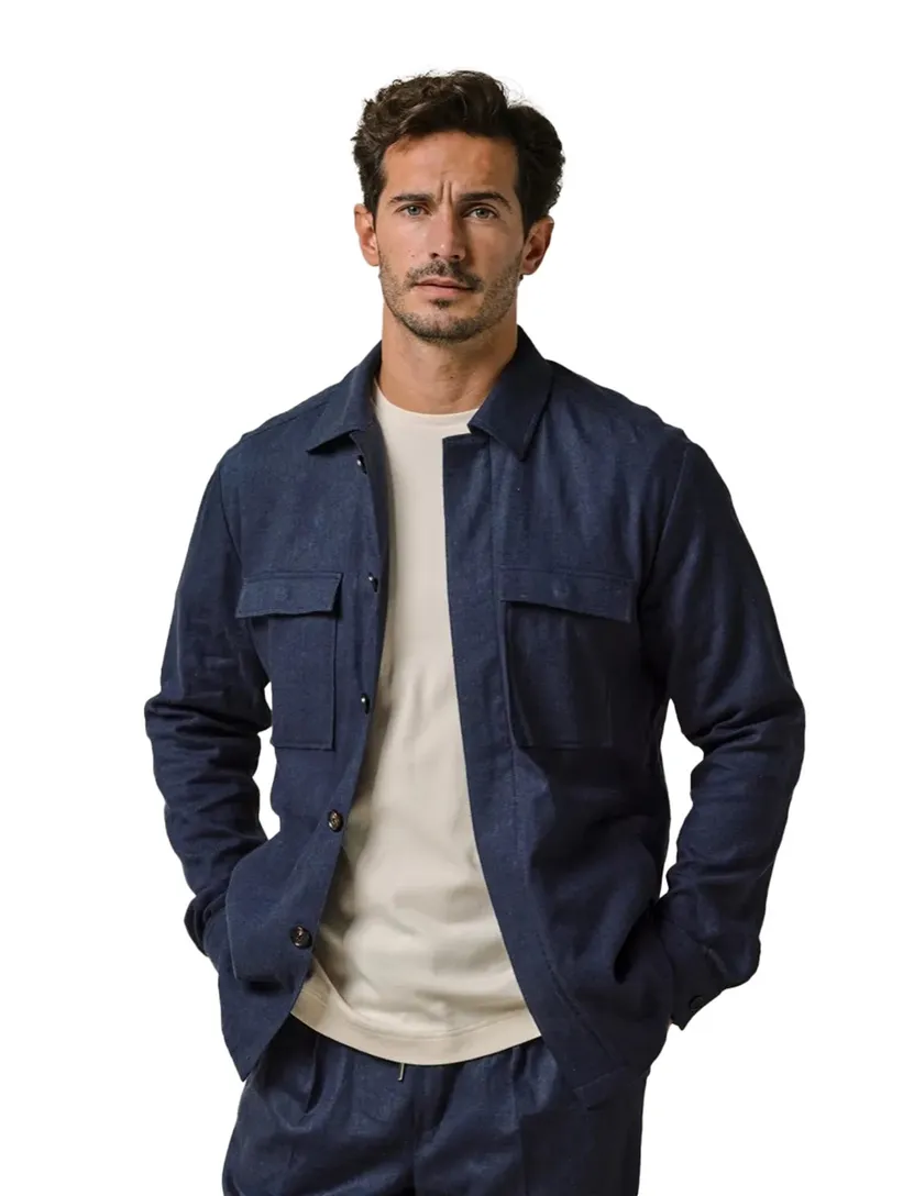 blauw Profuomo casual linnen overshirt