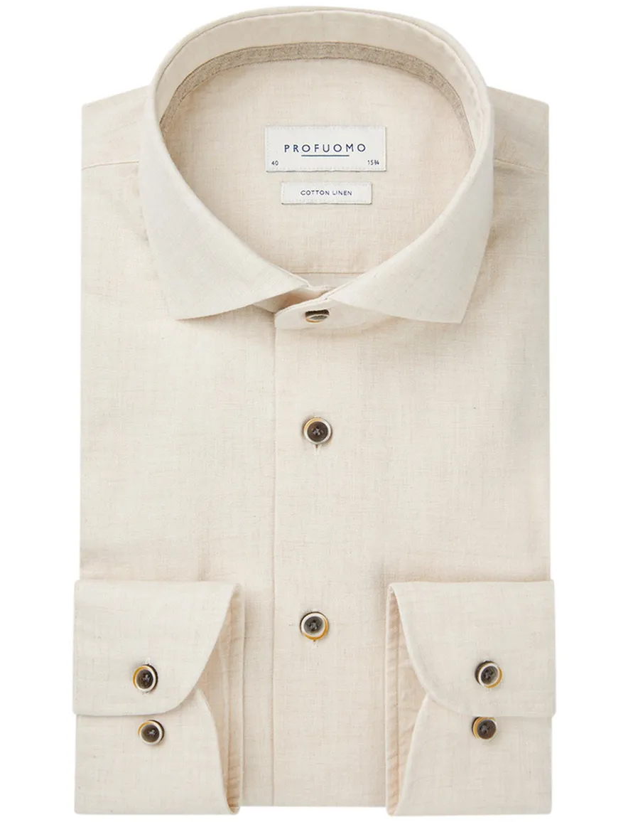 Profuomo overhemd creme katoen & linnen bruine knopen