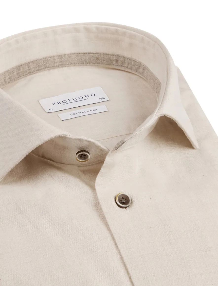 Profuomo overhemd creme katoen & linnen bruine knopen