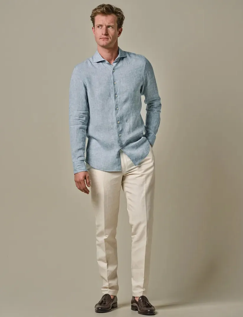 Profuomo overhemd lichtblauw slim fit linnen gemêleerd