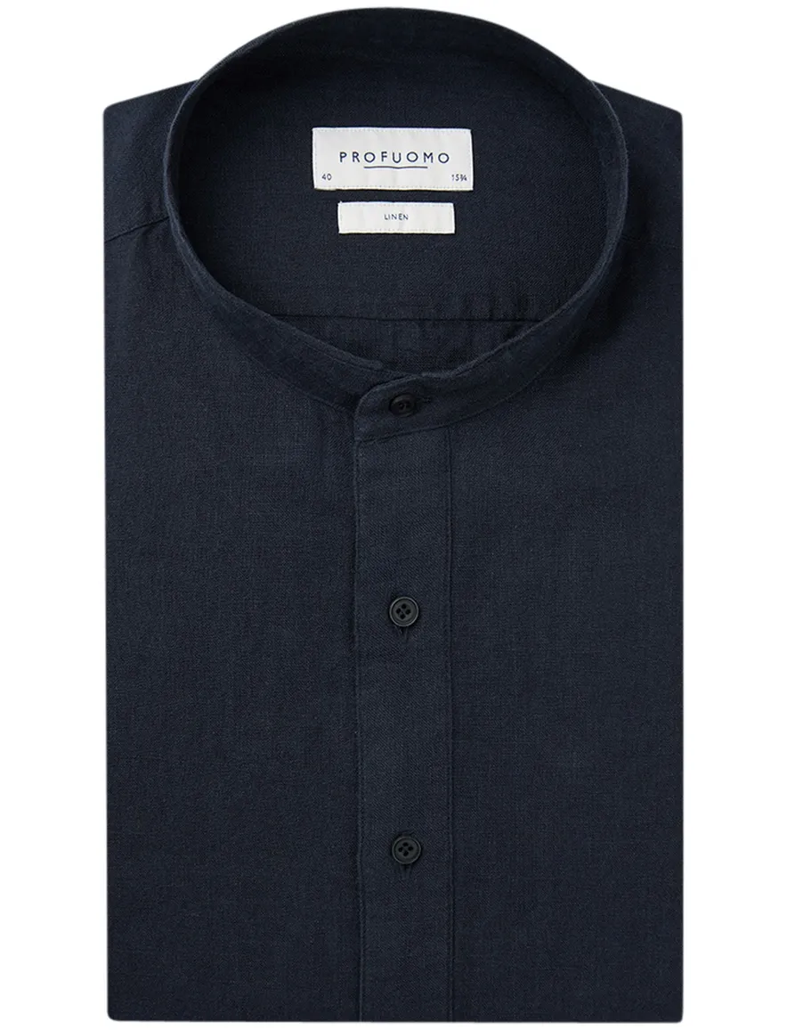 Profuomo overhemd donkerblauw linnen standing collar