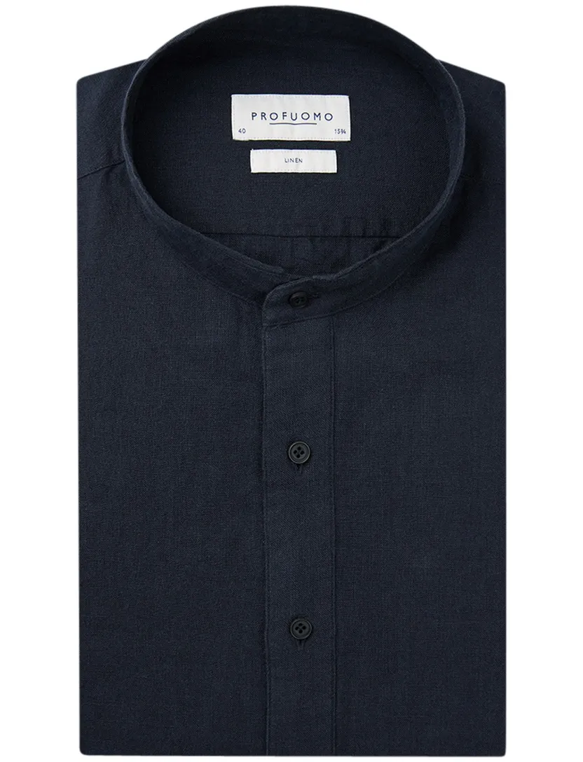 Profuomo overhemd donkerblauw standing collar linnen