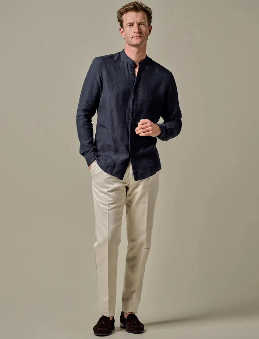 Profuomo overhemd donkerblauw standing collar linnen