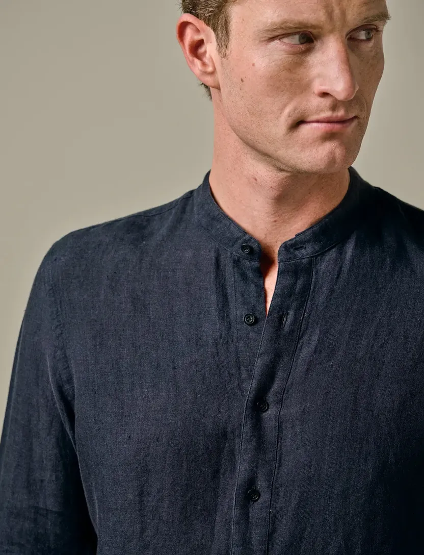 Profuomo overhemd donkerblauw standing collar linnen