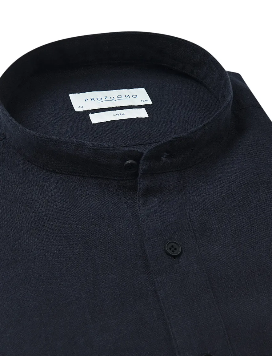 Profuomo overhemd donkerblauw linnen standing collar