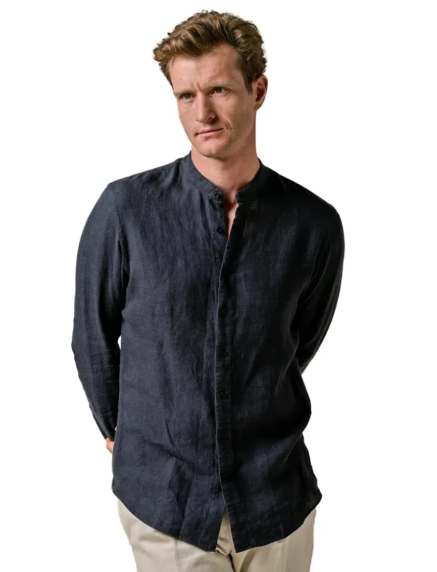Profuomo overhemd donkerblauw linnen standing collar