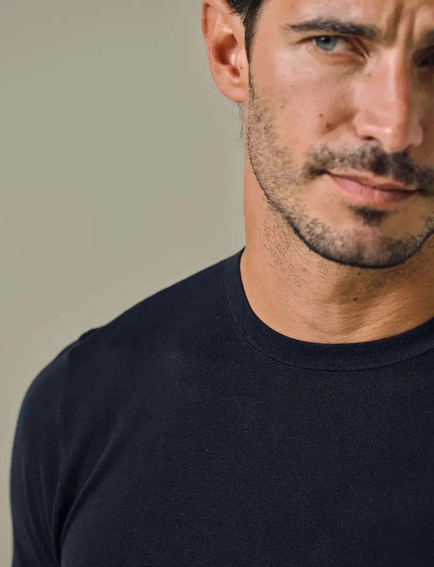 Profuomo t-shirt donkerblauw gemêleerd ronde hals lyocell