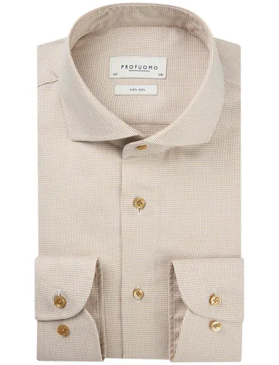 Profuomo Profuomo overhemd bruin strijkvrij Dobby geweven slim fit