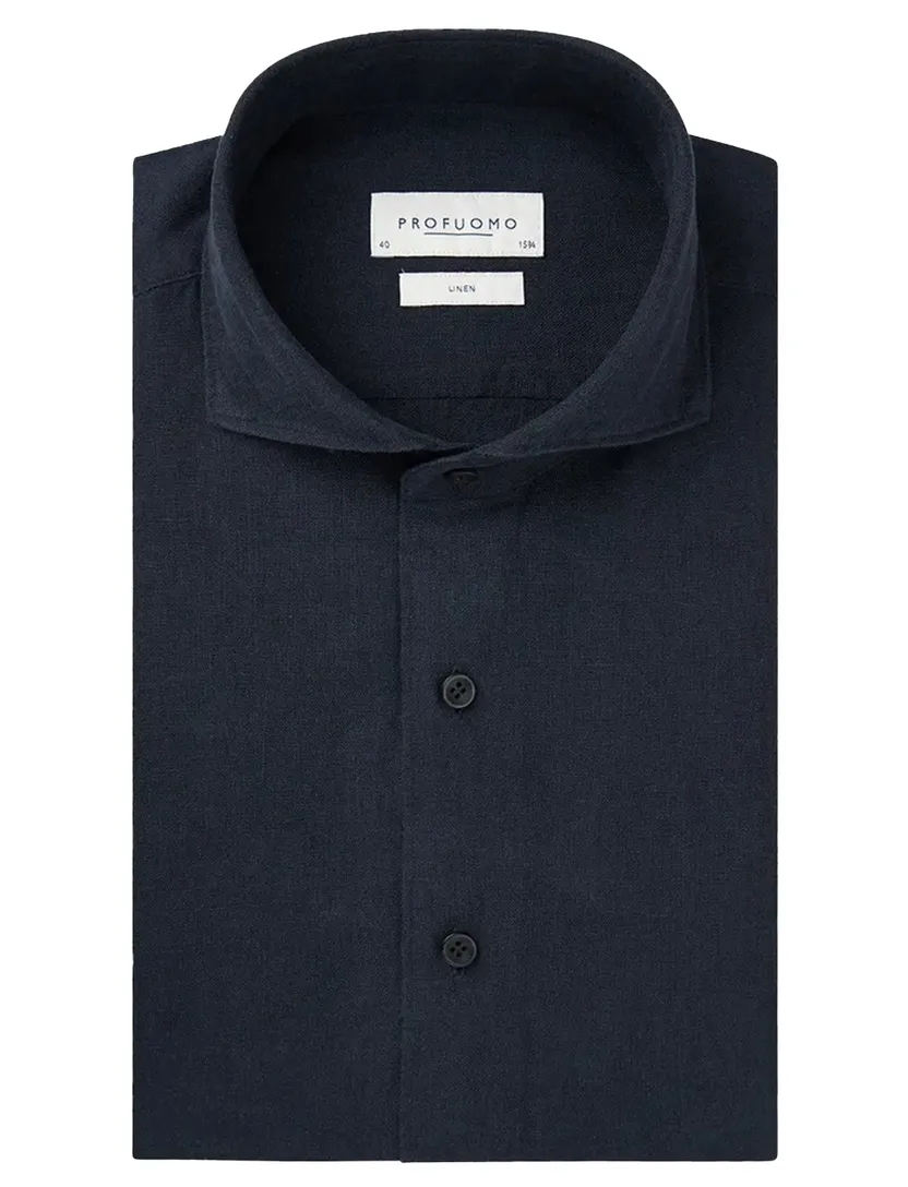 donkerblauw Profuomo casual linnen overhemd