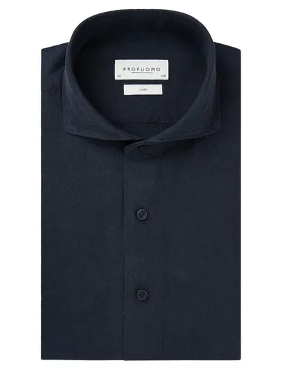 Profuomo Profuomo casual linnen overhemd donkerblauw