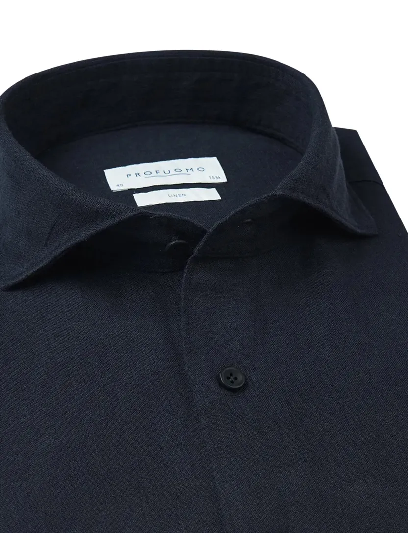 donkerblauw Profuomo casual linnen overhemd