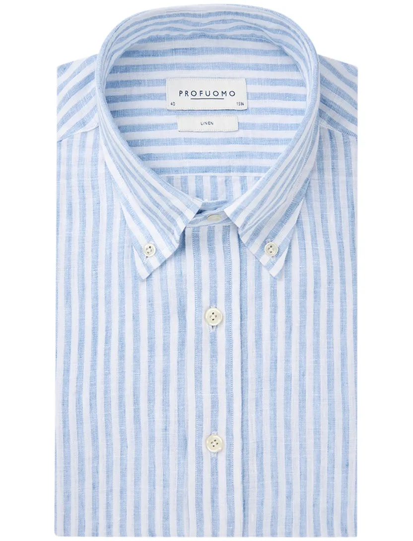Profuomo overhemd lichtblauw linnen slim fit gestreept