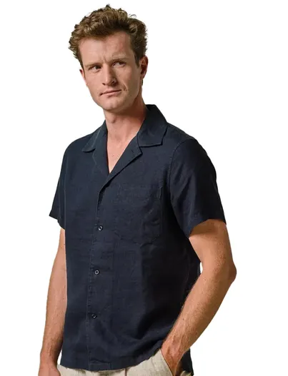 Profuomo Profuomo overhemd korte mouw donkerblauw linnen