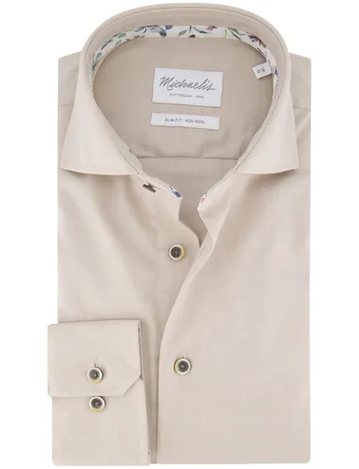 Michaelis Michaelis overhemd effen beige strijkvrij slim fit