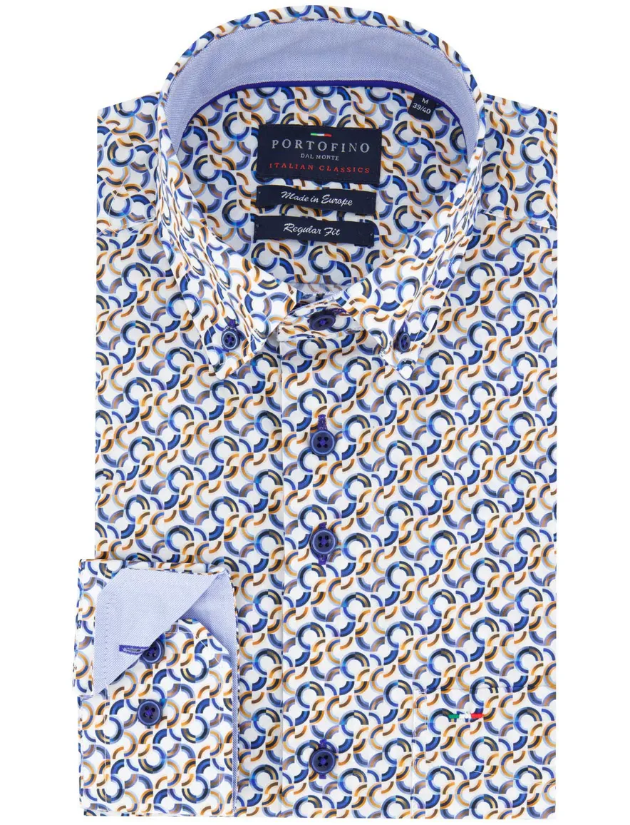 Portofino overhemd Regular Fit geel blauw wit geprint