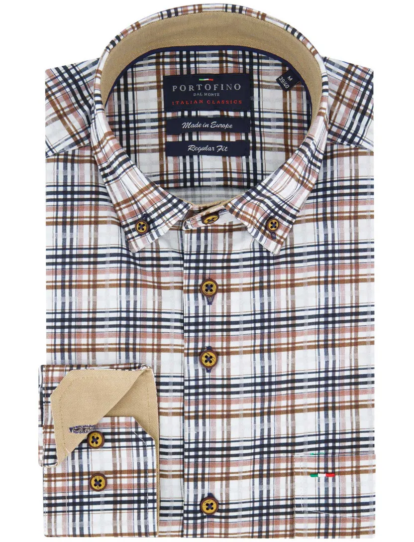 Portofino overhemd bruin wijde fit button-down