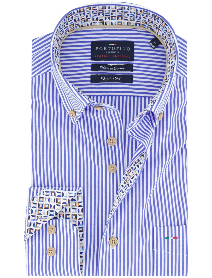 Portofino overhemd blauw wit gestreept Regular Fit katoen
