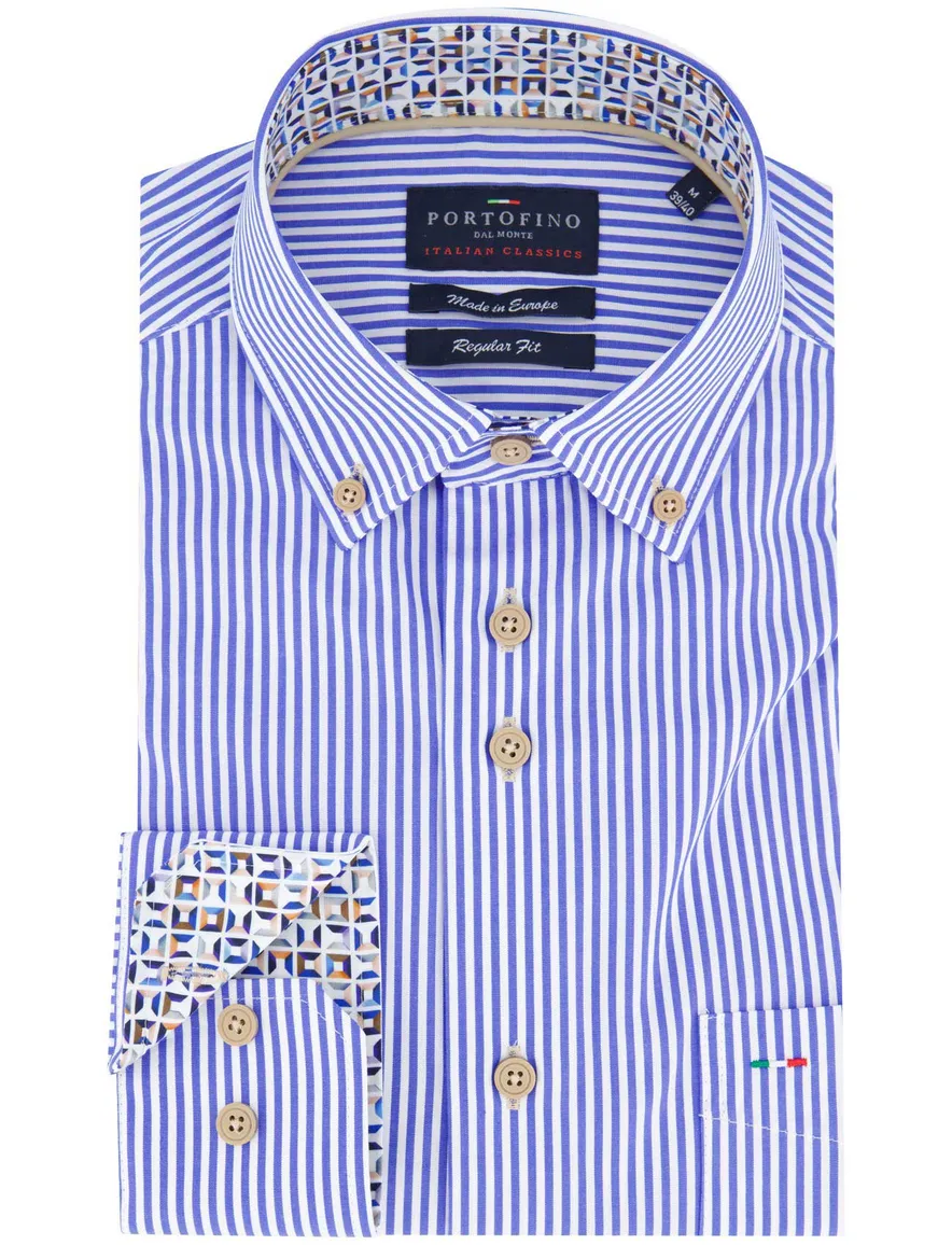 Portofino overhemd blauw wit gestreept Regular Fit katoen