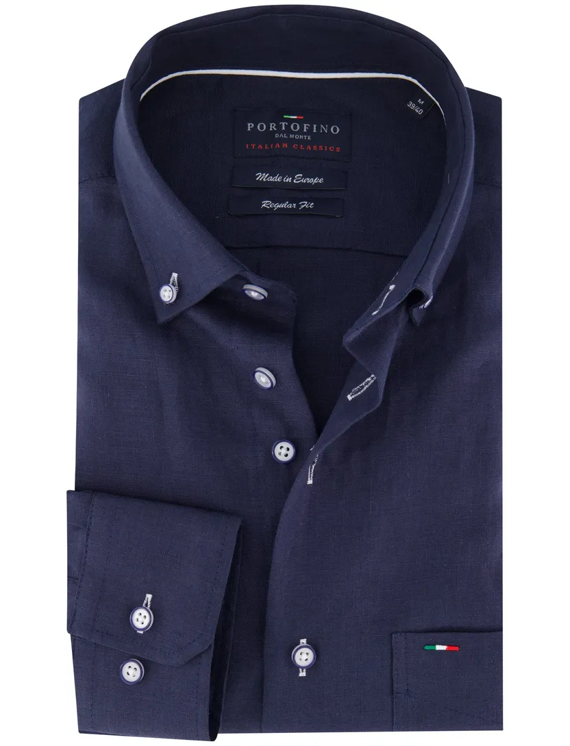 Portofino overhemd Regular Fit linnen donkerblauw button-down