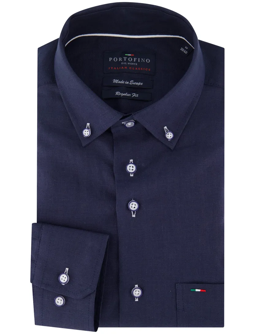 Portofino overhemd Regular Fit linnen donkerblauw button-down