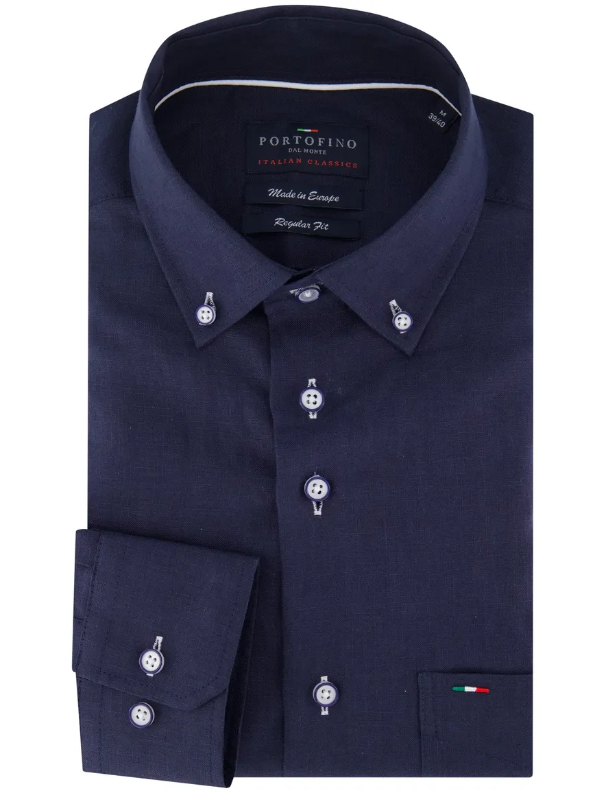 Portofino Regular Fit overhemd linnen donkerblauw button-down