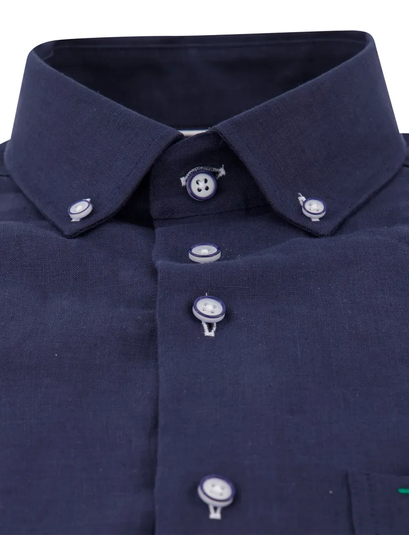 Portofino overhemd Regular Fit linnen donkerblauw button-down
