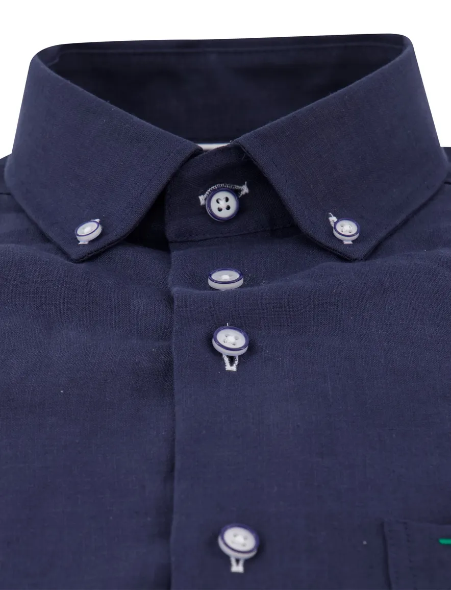 Portofino Regular Fit overhemd linnen donkerblauw button-down