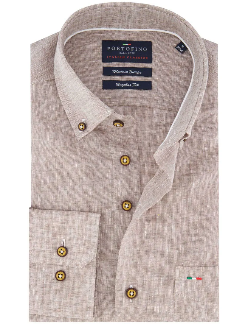Portofino overhemd beige gemeleerd linnen Regular Fit