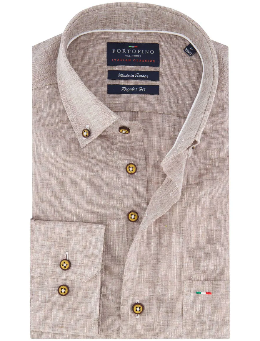 Portofino Regular Fit overhemd beige 100% linnen