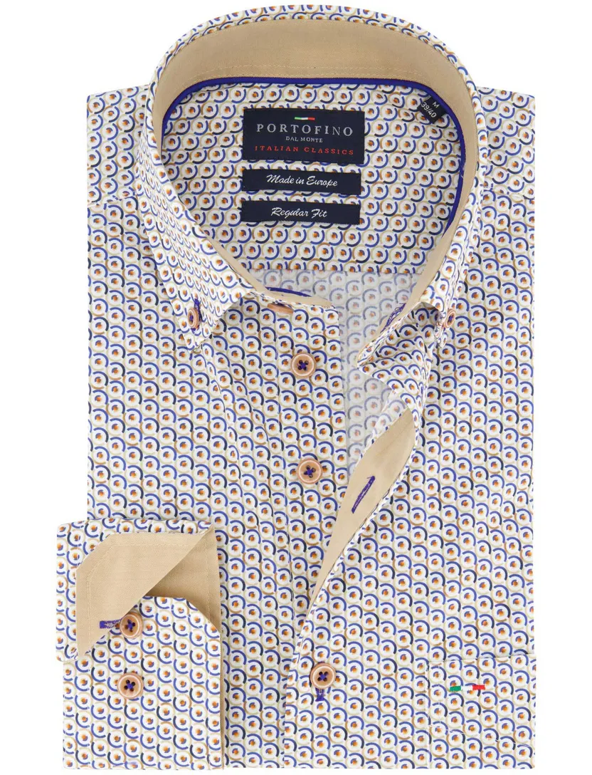 Portofino casual overhemd regular fit beige blauw geprint met button down boord