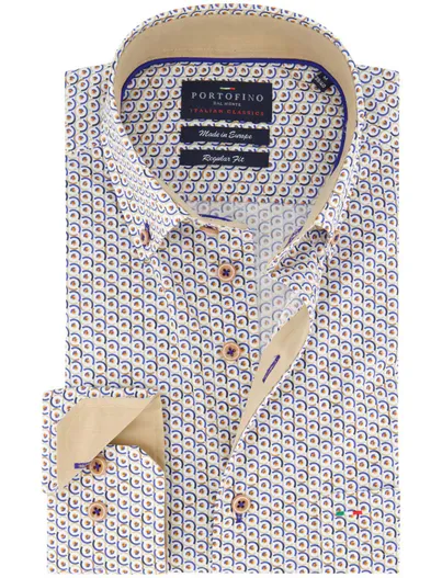 Portofino Portofino regular fit casual overhemd beige blauw geprint met borstzak