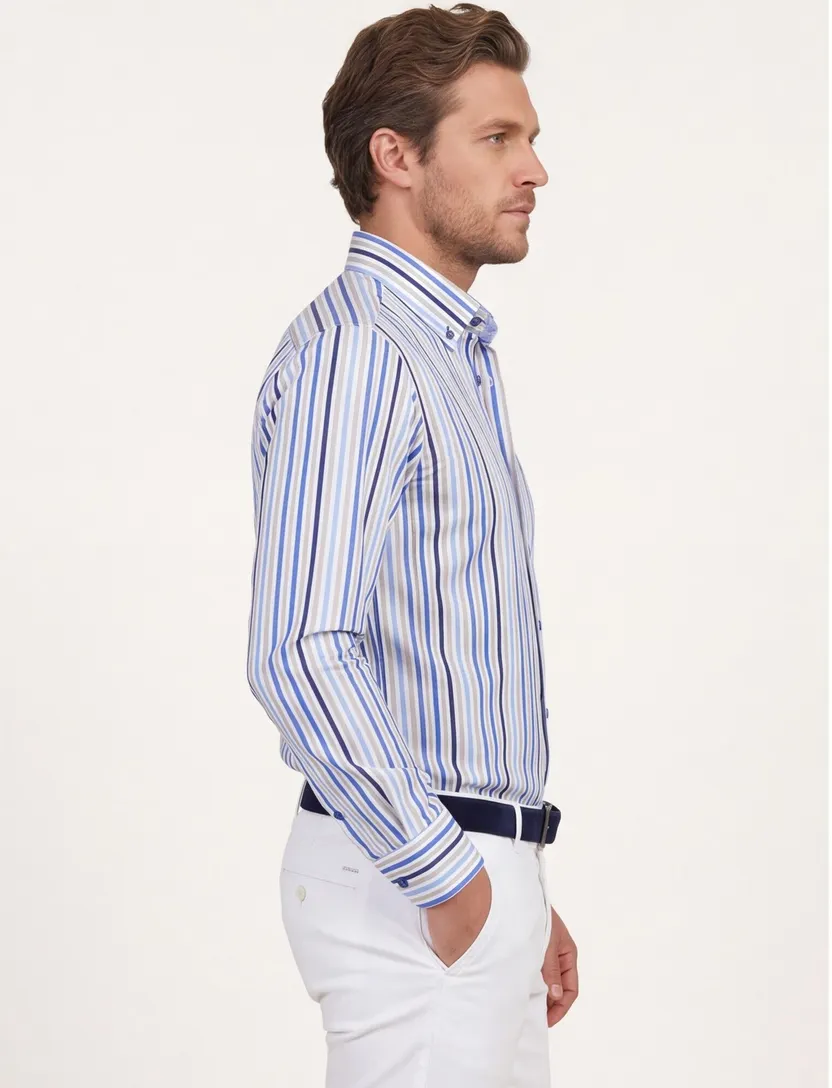 katoenen Portofino overhemd blauw gestreept normale fit
