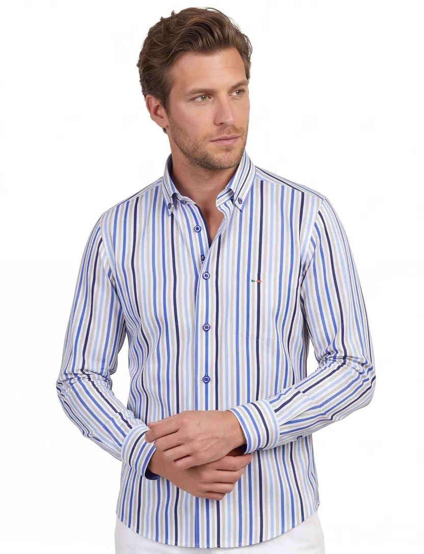 katoenen Portofino overhemd blauw gestreept normale fit