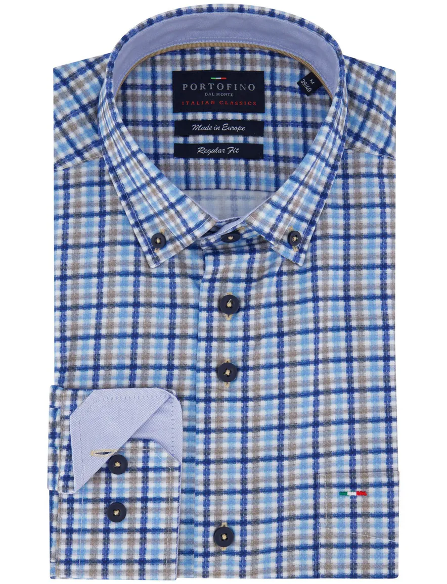 Portofino overhemd blauw beige geruit regular fit