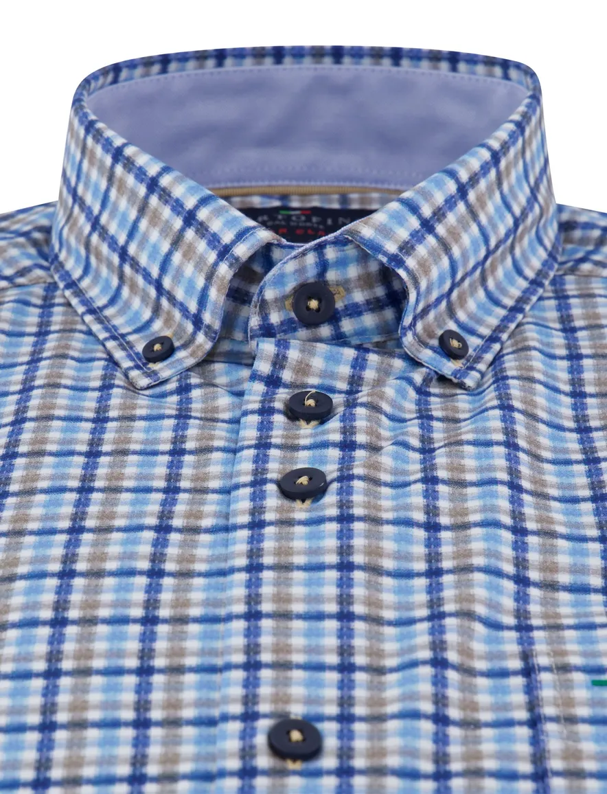 Portofino overhemd blauw beige geruit regular fit