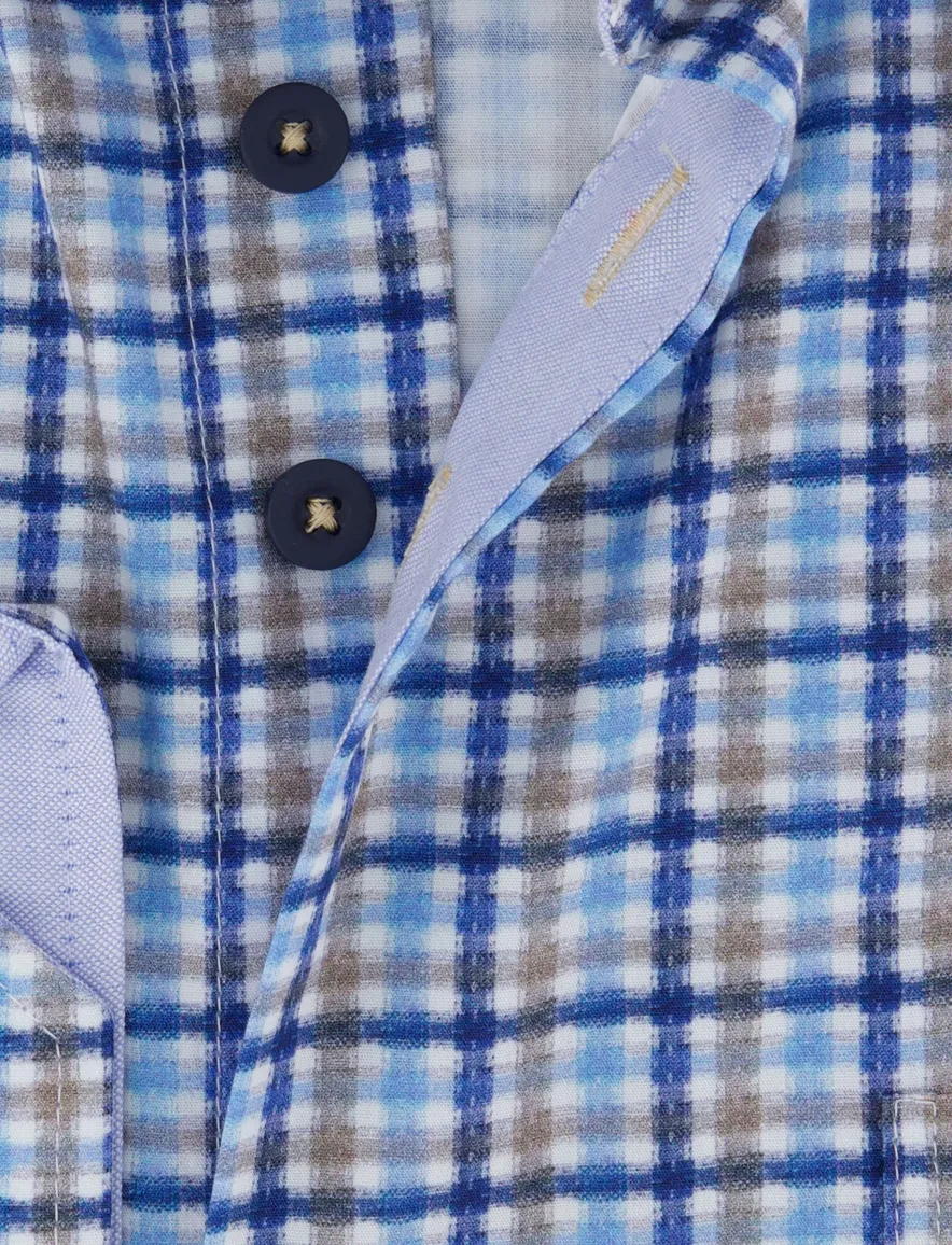 Portofino overhemd blauw beige geruit regular fit
