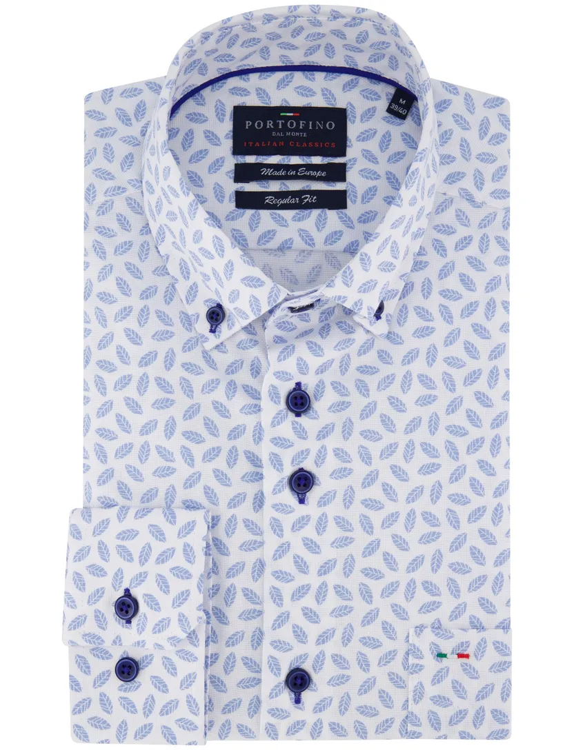 Portofino overhemd wit blauw geprint normale fit