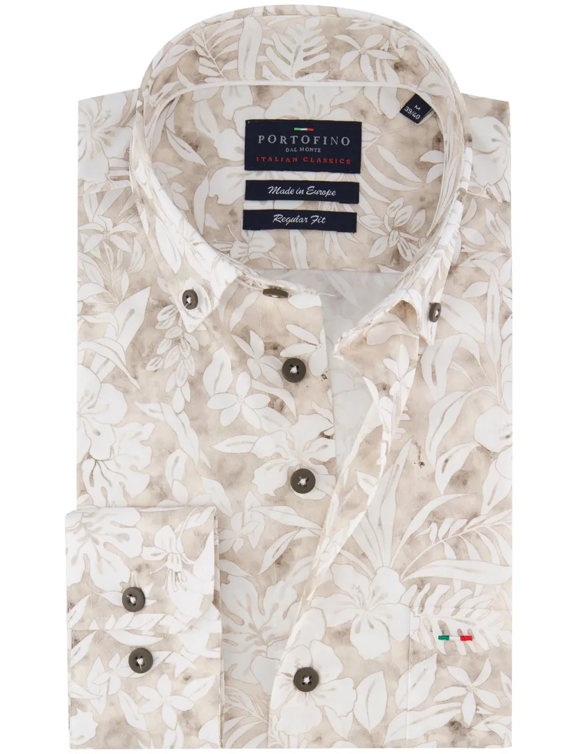 katoenen Portofino overhemd beige geprint bloemen wijde fit