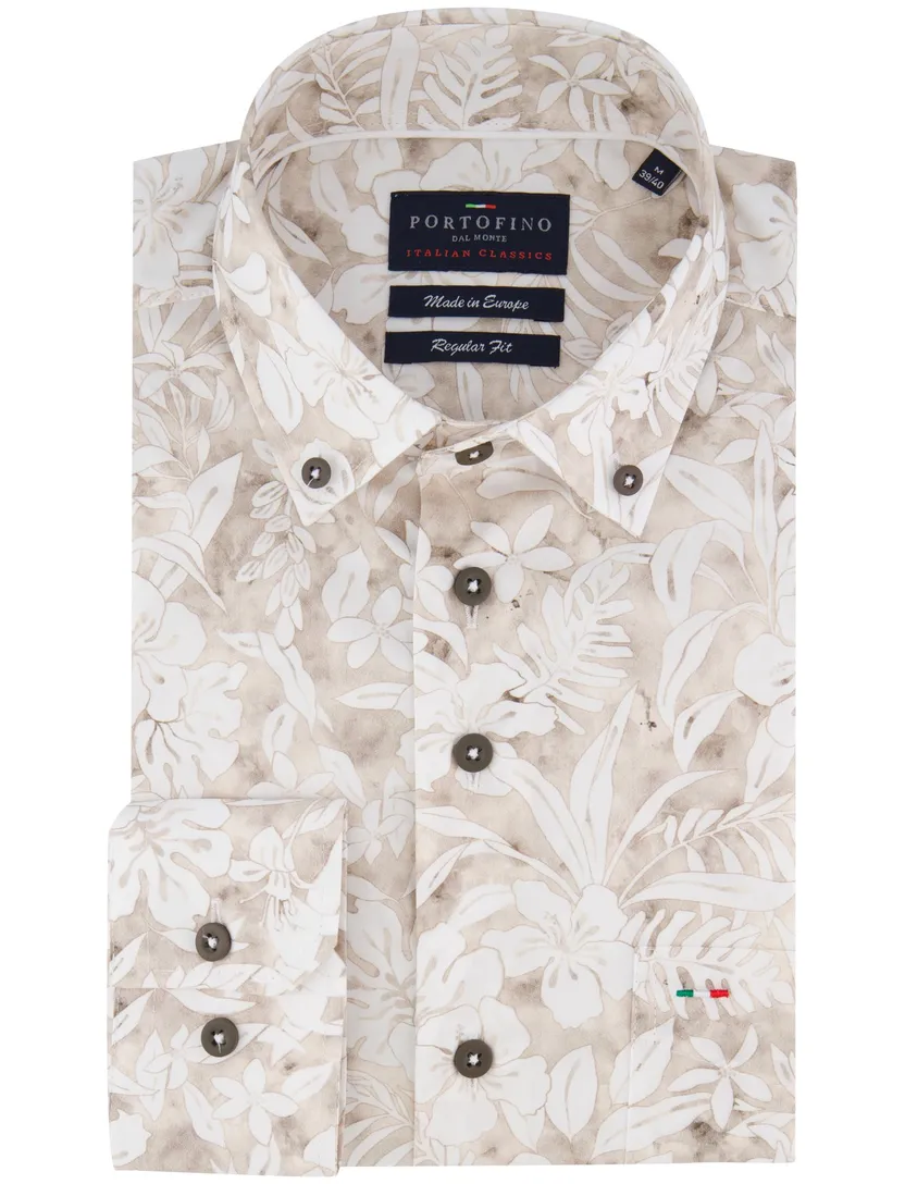 katoenen Portofino overhemd beige geprint bloemen wijde fit