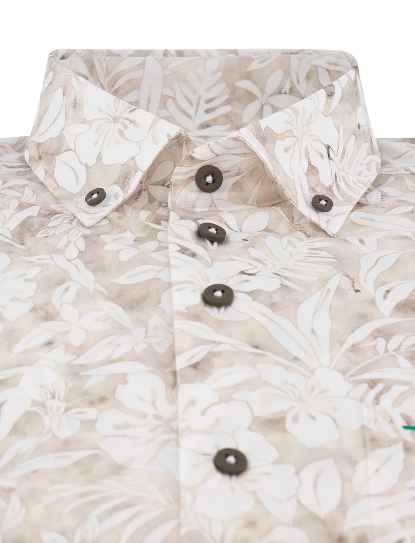 katoenen Portofino overhemd beige geprint bloemen wijde fit