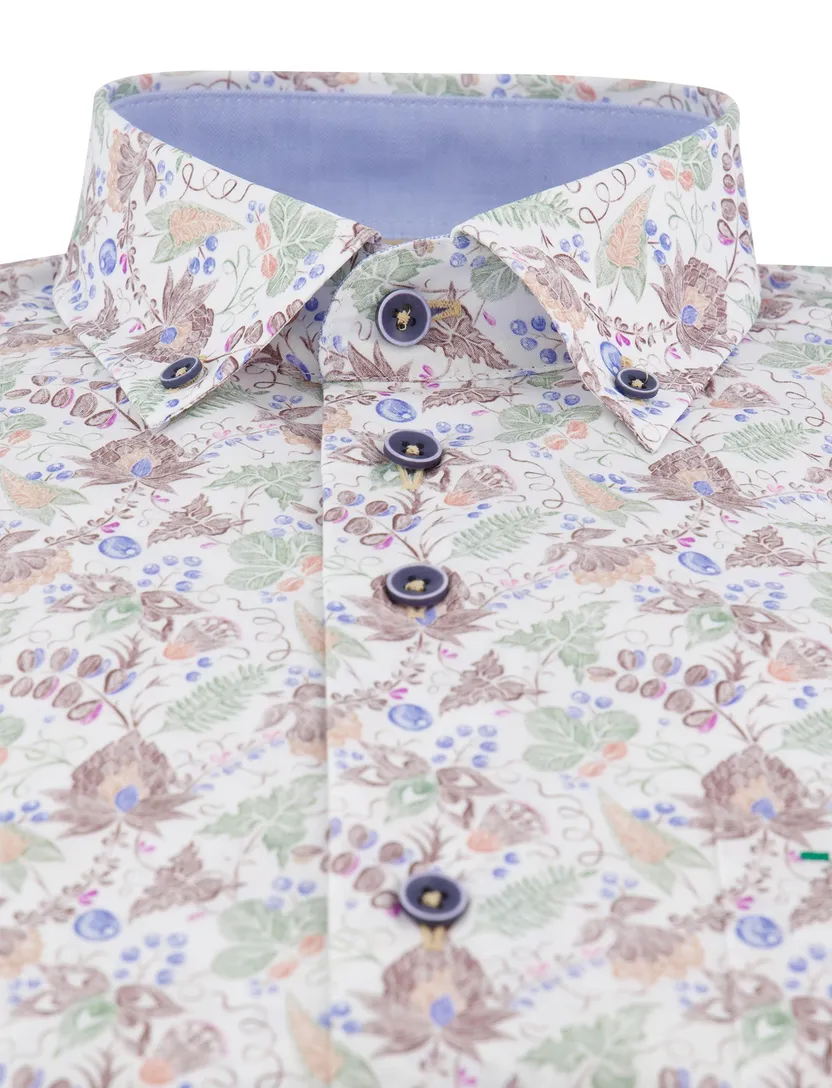 katoenen Portofino overhemd bruin groen geprint bloemen