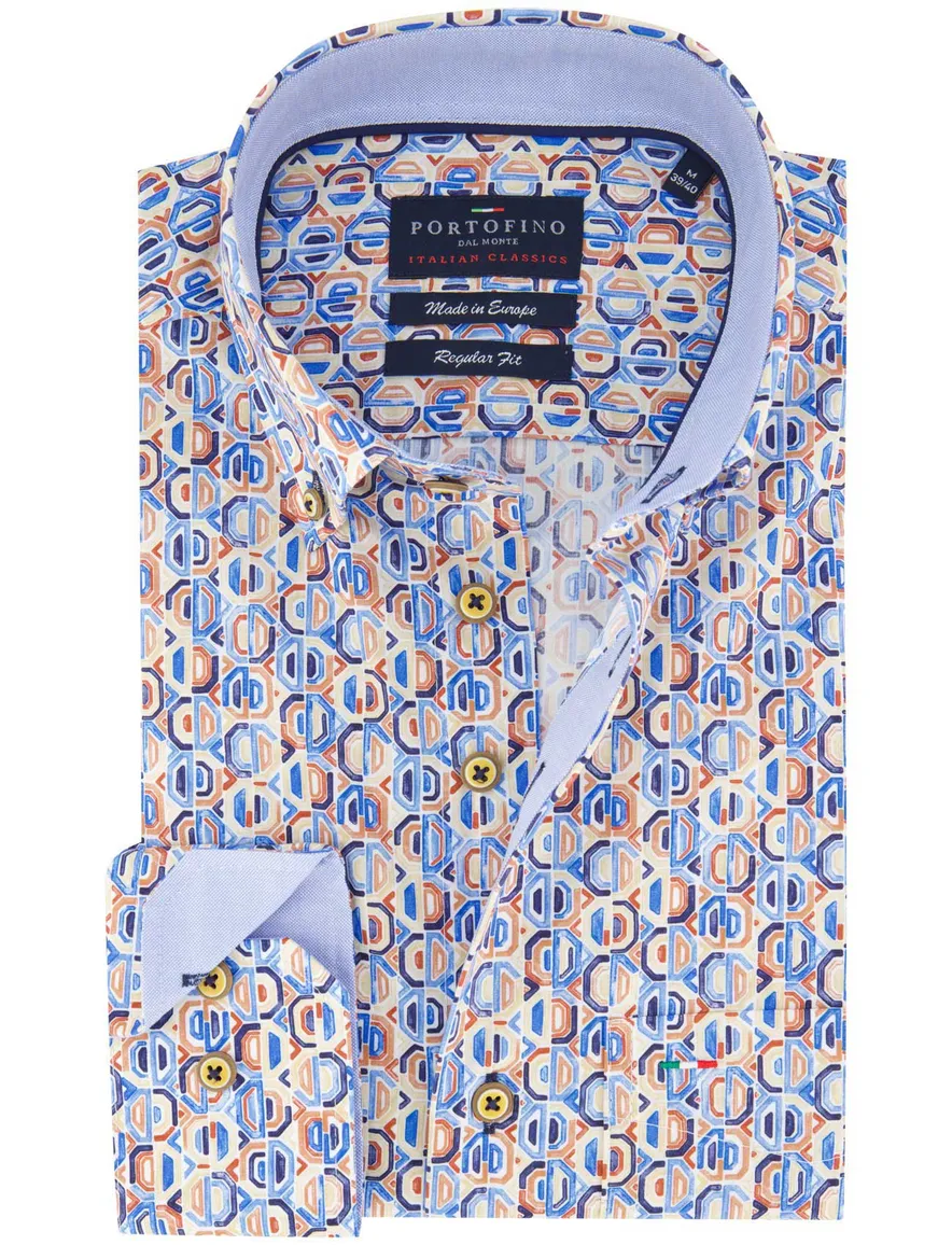 Portofino overhemd blauw geprint wijde fit katoen