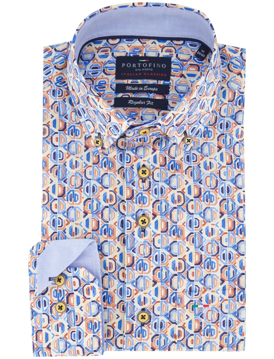 Portofino overhemd blauw geprint wijde fit katoen
