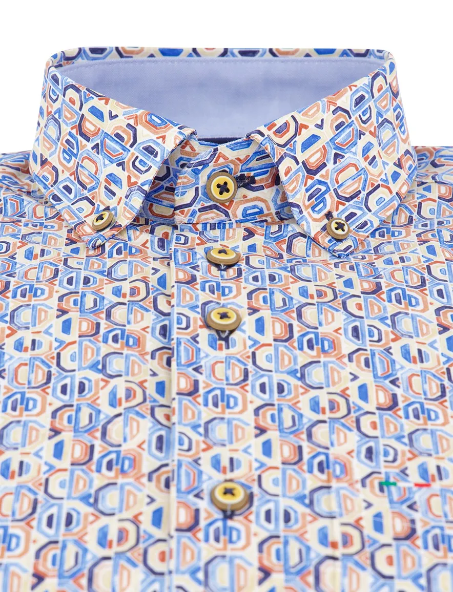 Portofino overhemd blauw geprint wijde fit katoen