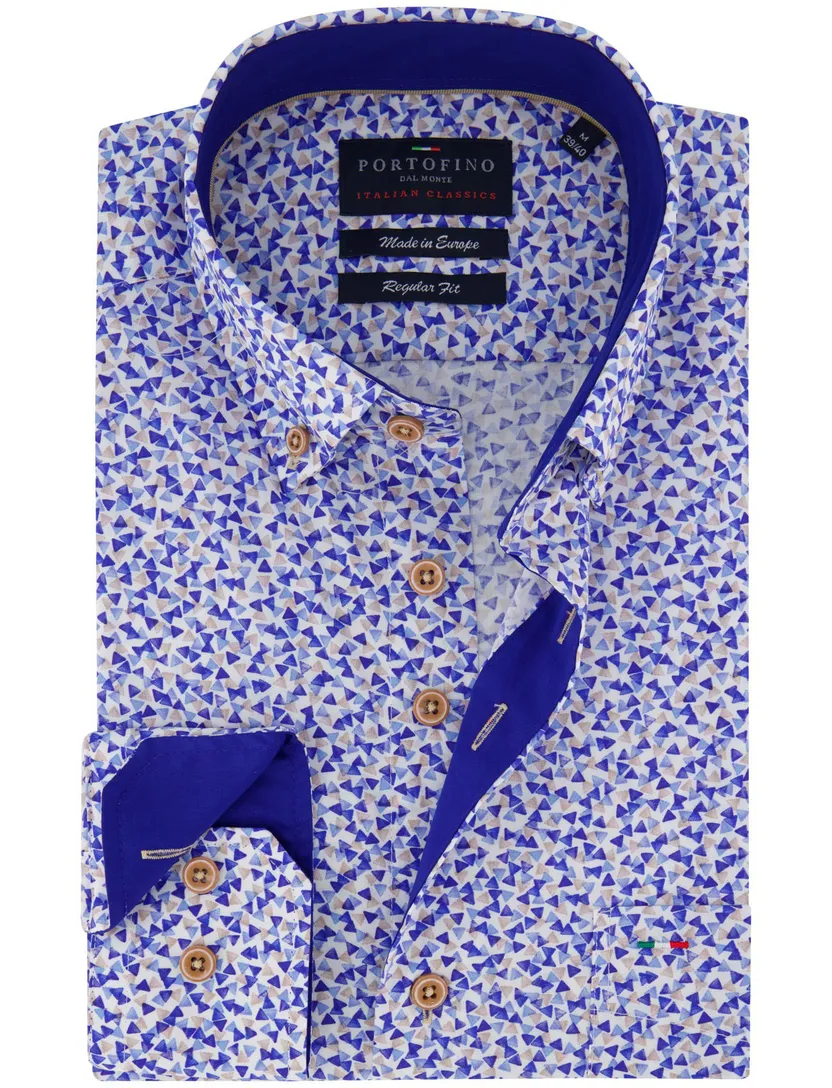 katoenen Portofino overhemd blauw geprint normale fit