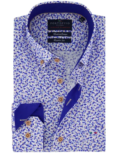 Portofino Portofino overhemd blauw geprint normale fit katoen
