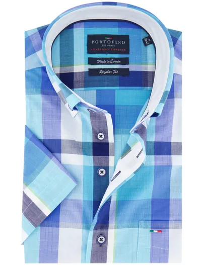Portofino Portofino Regular Fit overhemd blauw geruit borstzak