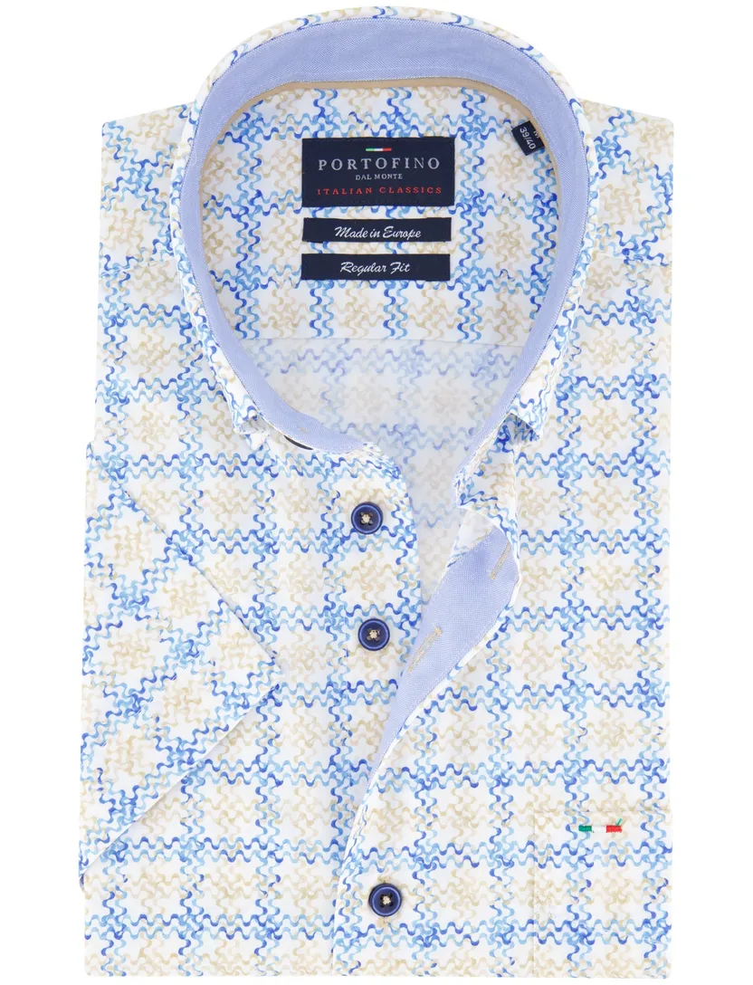 Portofino casual overhemd korte mouw regular fit beige blauw geprint