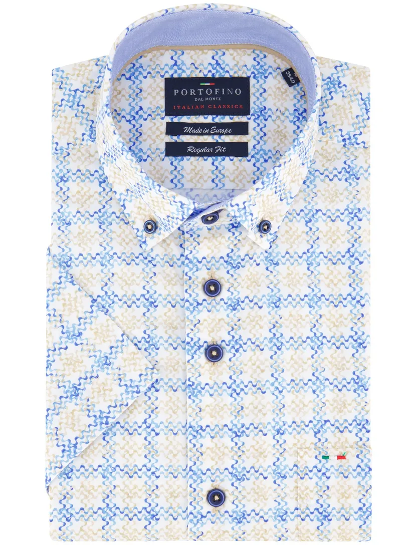 Portofino casual overhemd korte mouw regular fit beige blauw geprint